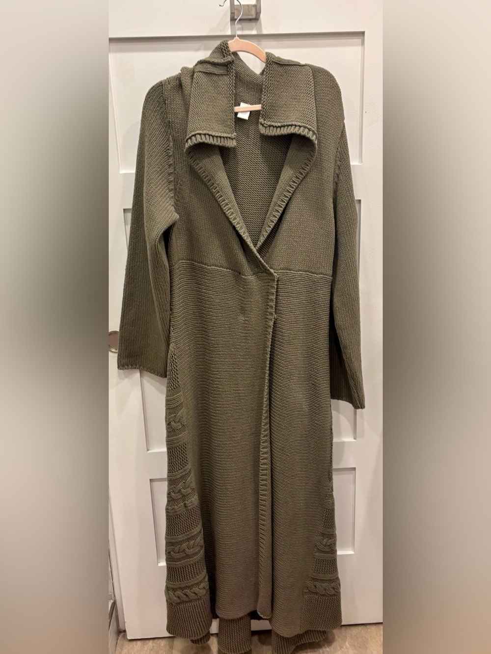 Anthropologie Olive Green Chunky Knit Full Length Cardigan Duster Boho